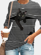 Stripe & Cat Print Long Sleeve Round Neck Slight Stretch T-shirt