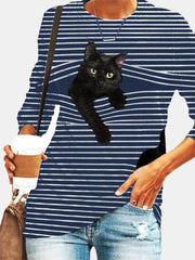 Stripe & Cat Print Long Sleeve Round Neck Slight Stretch T-shirt