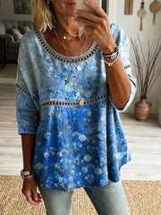 Women's Floral Pattern Art Print Casual Round Neck Lace-up 3/4 Sleeve Top