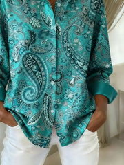 Women Paisley Casual Shirt Shirt Collar Long Sleeve Buckle Top