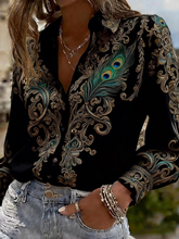 Women Abstract Casual Shirt Shirt Collar Long Sleeve Buckle Top