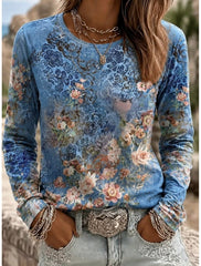 Vintage Casual Floral Crew Neck Long Sleeve T-shirt