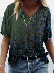 V-neck Printed Loose Short Sleeve T-shirt