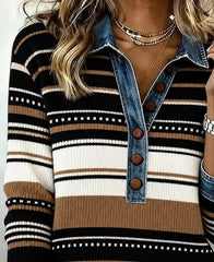 Women Striped Casual Shirt Shawl Collar Long Sleeve Button Top