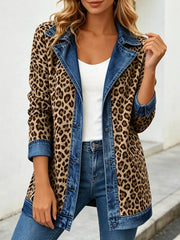 Women Spring/Fall Outerwear Vintage Split Joint Leopard Long Sleeve Lapel Collar Jacket