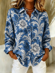 Women Floral Pattern Vintage Shirt Shirt Collar Long Sleeve Top