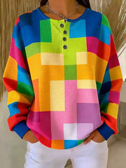 Women's Abstract Geometric Print Button-Up Casual Waffle Knit Sweatshirt