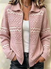 Women's Geometric Print Lapel Long Sleeve Loose Knit Cardigan
