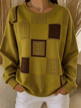 Women Color Block Crew Neck Vintage Spring/Fall Long Sleeve Sweatshirt