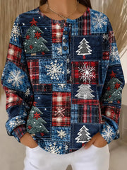 Casual Snowflake Henley Collar Long Sleeve Sweatshirt