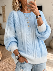 Cozy Blue And White Gradient Cable knit Crew Neck Sweater