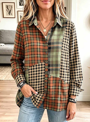 Women's Plaid Print Patchwork Collared Long-sleeved Casual Loose Cotton Linen Shirt