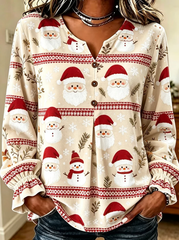 Women Cream Santa Claus Print Button Down Long Sleeve Blouse