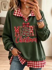 Women Merry Christmas Tree Print Plaid Fake Two Piece Sweatshirt