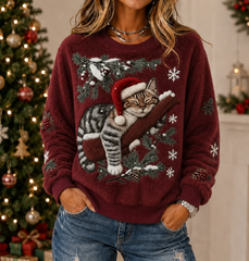 Women Fuzzy Cat Santa Hat Christmas Sweatshirt