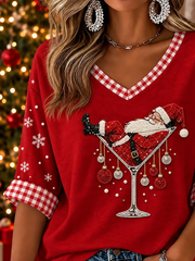 Vintage Plaid V Neck Half Sleeve T-shirt