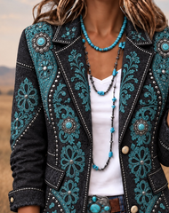Women Spring/Fall Outerwear Vintage Floral Long Sleeve Lapel Collar Jacket