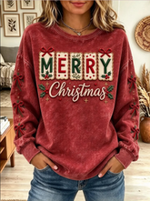 Women's Merry Christmas Velvet Bow Mineral Wash Casual Sweatshirt