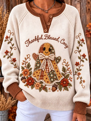 Women Autumn Floral Patchwork-Style Ghost Henley Sweater