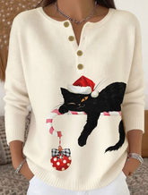 Women's Christmas Cute Cat Print Knit Button Sweater