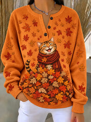 Casual Cat Henley Collar Long Sleeve Sweatshirt