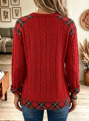 Women's Plaid Trim Cable Knit Festive Christmas Tree Sweater