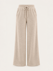 Oatmeal Ribbed Elastic Waist Drawstring Wide Leg Pants