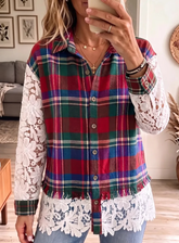 Vintage Elegant Color Blocked Plaid Print Patchwork Openwork Lace Shirt
