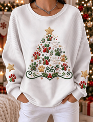 Women Animal Paw Christmas Tree Pattern Crew Neck Sweatshirt