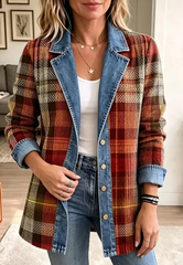 Retro Plaid Pattern Edgy Art Casual Denim Patchwork Stylish Long Sleeve Coat