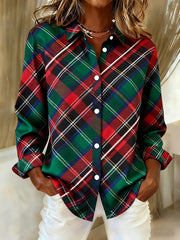 Women's Christmas Classic Casual Plaid Print Lapel Long Sleeve Shirt
