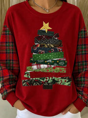 Women Creative Plaid Crew Neck Casual Spring Fall Long Sleeve Sweatshirt