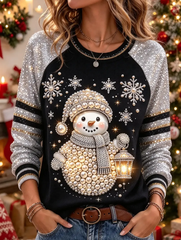 Women Pearl Snowman Sequin Sleeve Print Christmas Sweatshirt