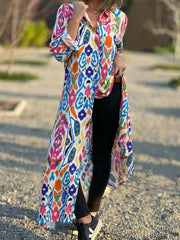 Ethnic Shirt Collar 3/4 Sleeves Comfy Maxi Dress