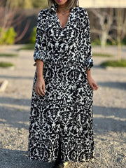 Ethnic Shirt Collar 3/4 Sleeves Comfy Maxi Dress