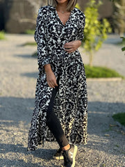 Ethnic Shirt Collar 3/4 Sleeves Comfy Maxi Dress