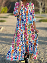 Ethnic Shirt Collar 3/4 Sleeves Comfy Maxi Dress