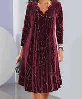 Geometric V-neck Long Sleeve Comfy Casual Buckle Maxi Dress