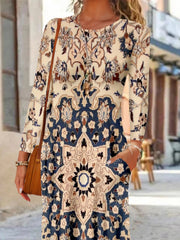 Vintage Ethnic Crew Neck Long Sleeve Lightweight Autumn Loose Maxi Dress