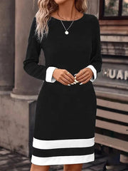 Long Sleeve Spring Fall Contrast Stitching Knitted Crew Neck Midi H-Line T-Shirt Dress