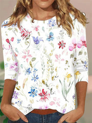 Ethnic Print Crew Neck 3/4 Sleeves Casual T-shirt