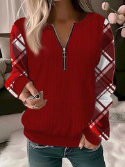 Loose Plaid Crew Neck Zipper Micro-elasticity Casual Sweatshirt