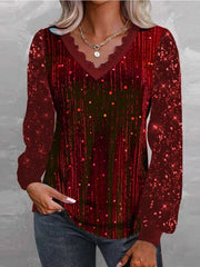 Casual Vintage Sequins V Neck Long Sleeve Loose Blouse