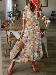 Long Sleeve Floral Loose V Neck Casual Maxi Dress