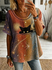 Women's Multi Gradient Sun Moon Cat Print Round Neck Short Sleeve Blouse