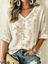 Women's Beige Floral Embroidered Eyelet Lace Trim V Neck 3/4 Sleeve Blouse