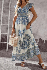 Blue and White Floral V Neck Flounce Sleeve Maxi Dress