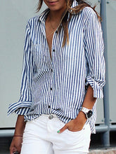 Stripe Print Lapel Buttons Long Sleeves Blouse