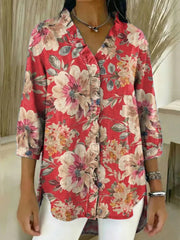 Women's Floral Pattern Art Print Casual Ruffled Denim Shirt
