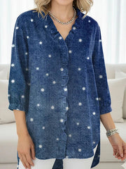 Women's Dots Pattern Art Print Casual Ruffled Denim Shirt